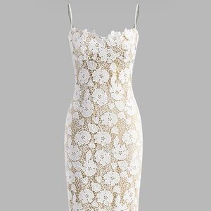 Commense White Floral Lace Maxi Dress with Nude Underlay